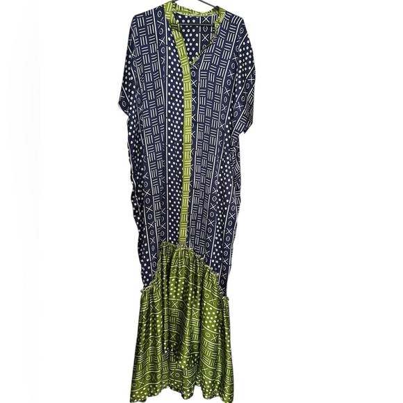 Vintage V NECK urban printed SILK Maxi Dress Kaftan - Picture 14 of 14